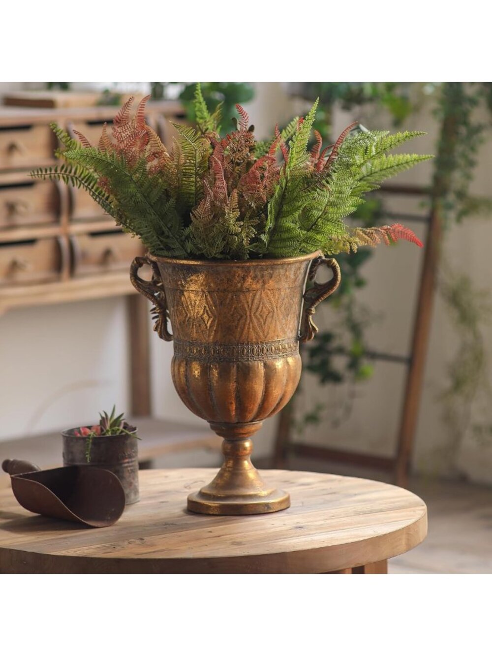 Vintage Gold Embossed Urn Planter - Distressed Flower Pot for Home & Garden